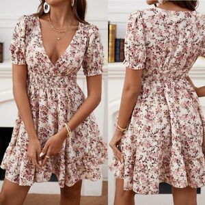 Floral Print Puff Sleeve Shirred Waist Ruffle Hem Dress